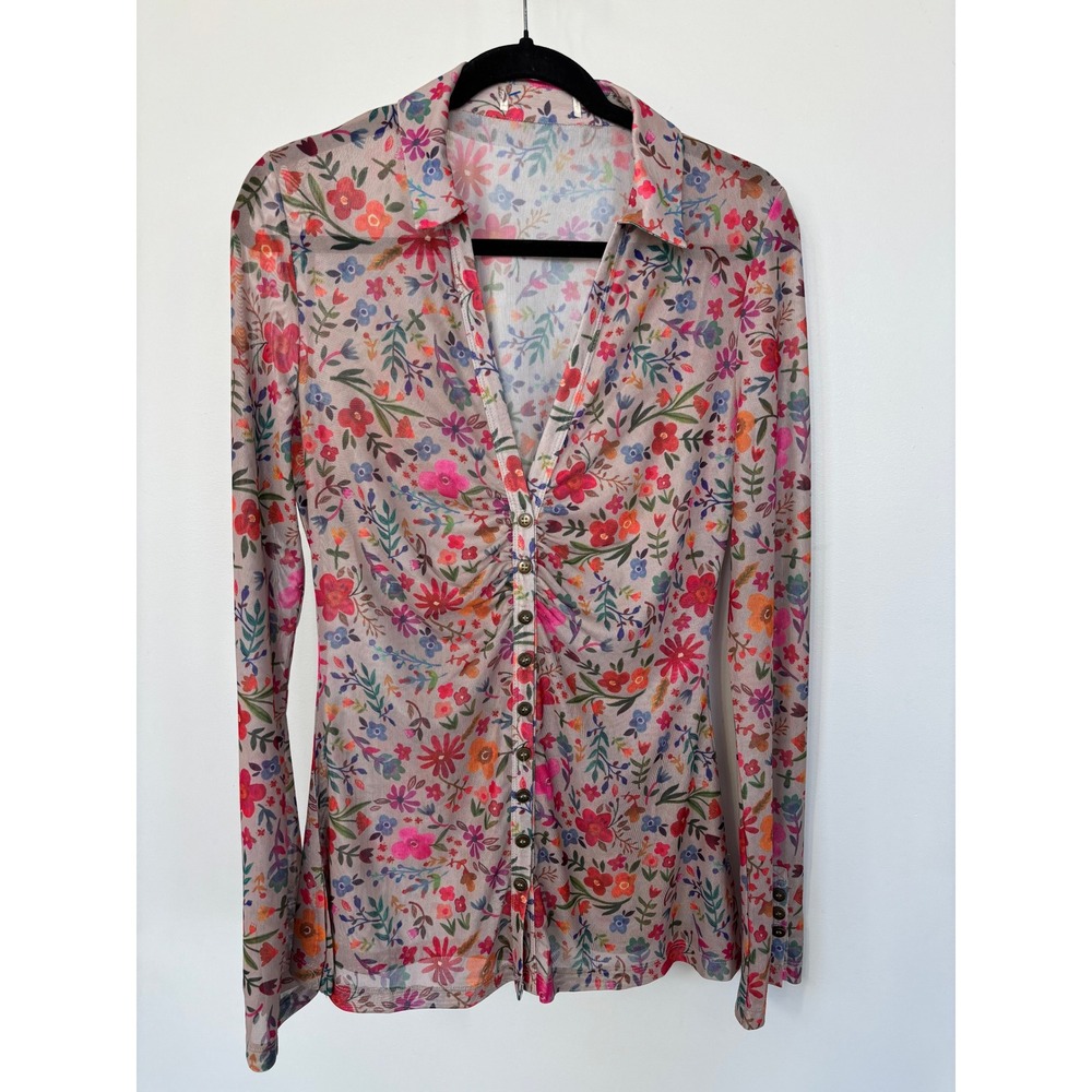 Natural Life Carina Floral Mesh Button Down Top Long Sleeve Ruched Tan Pink Boho